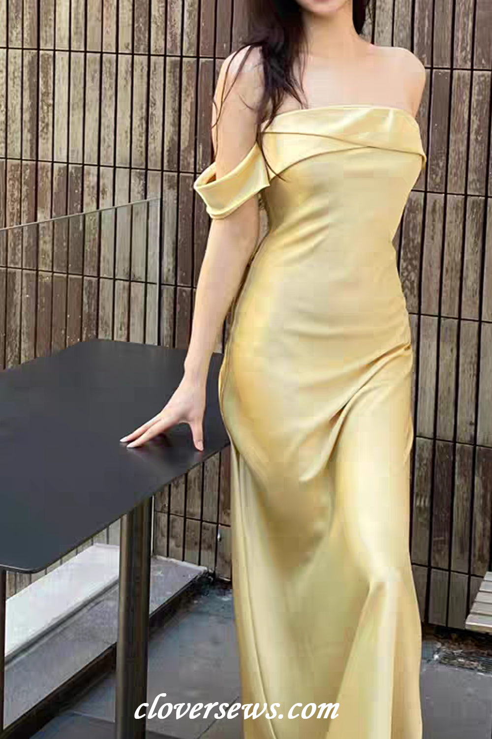 Champagne Gold Satin Mermaid Off The Shoulder With Scarves Long Bridesmaid Dresses, CB0174