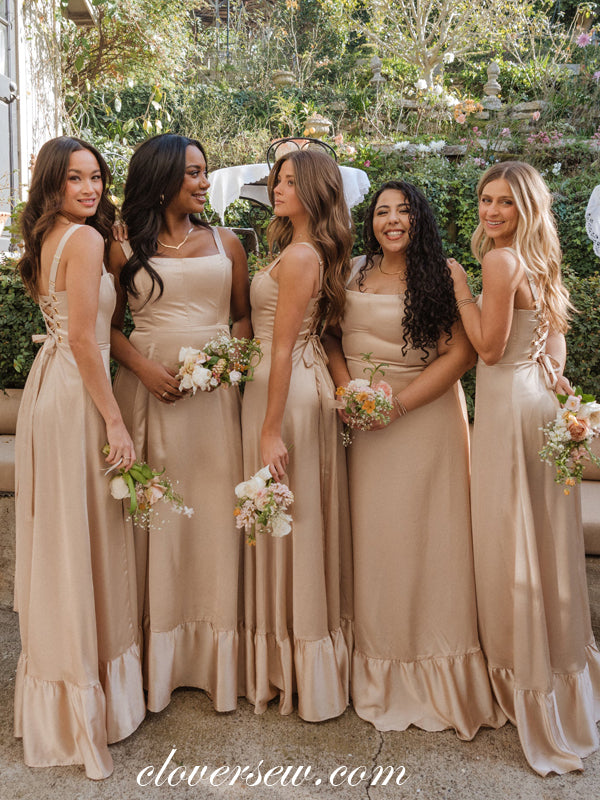 Champagne Satin Square Neck Sleeveless Column Long Bridesmaid Dresses, CB0292 Champagne Satin Square Neck Sleeveless Column Long Bridesmaid Dresses, CB0292