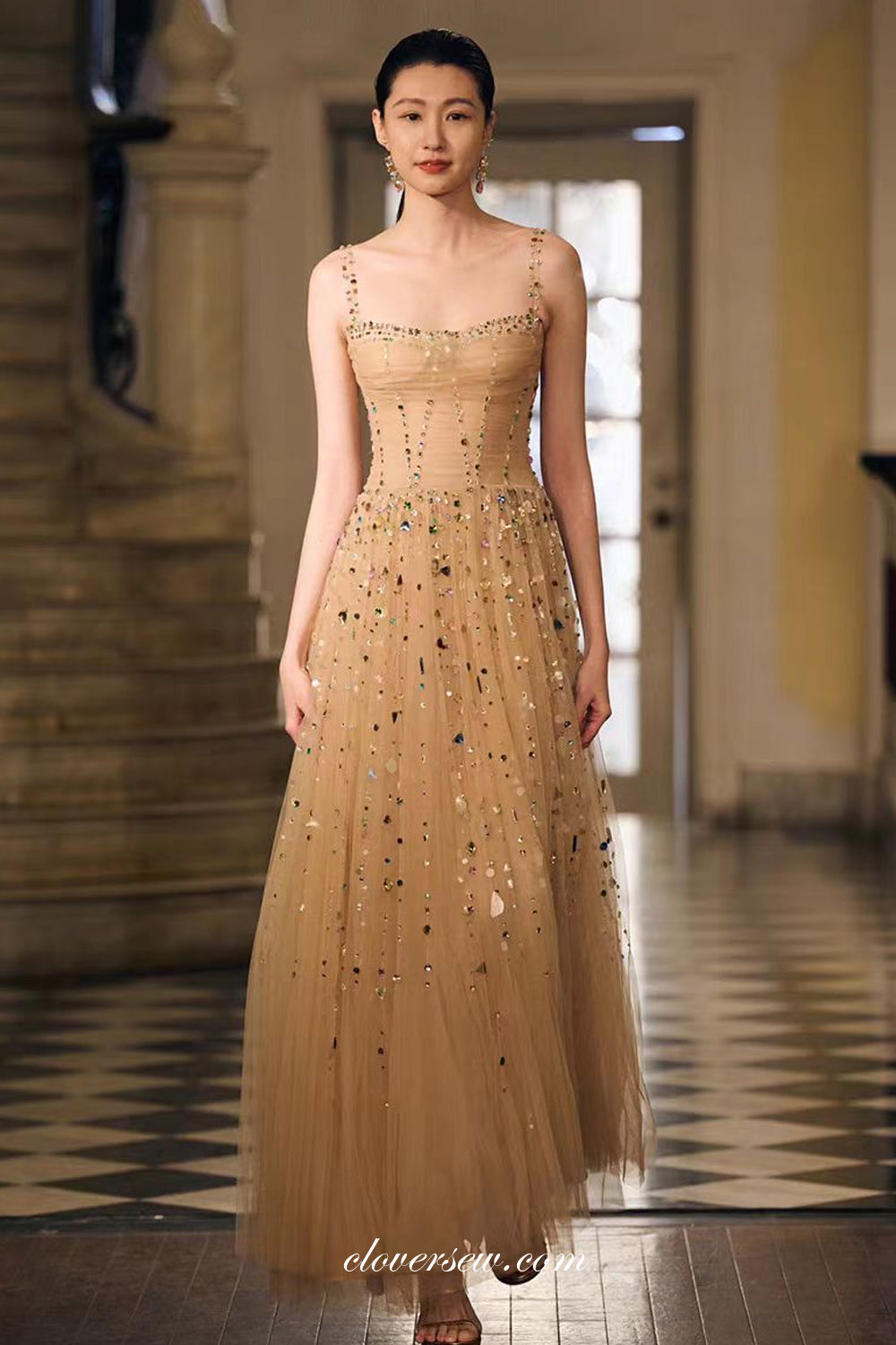 Champagne Tulle Sleeveless Sparkly Rhinestone A-line Prom Dresses, CP1072