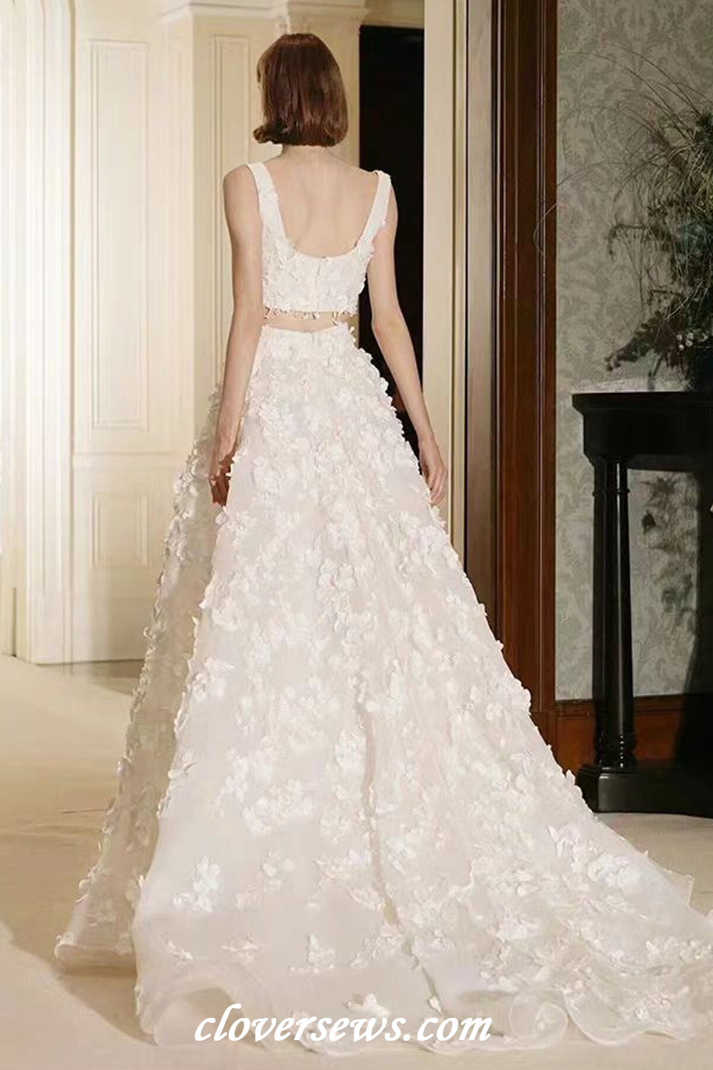 Charming Handmade Flowers Square Neck Two Piece A-line Wedding Dresses, CW0400