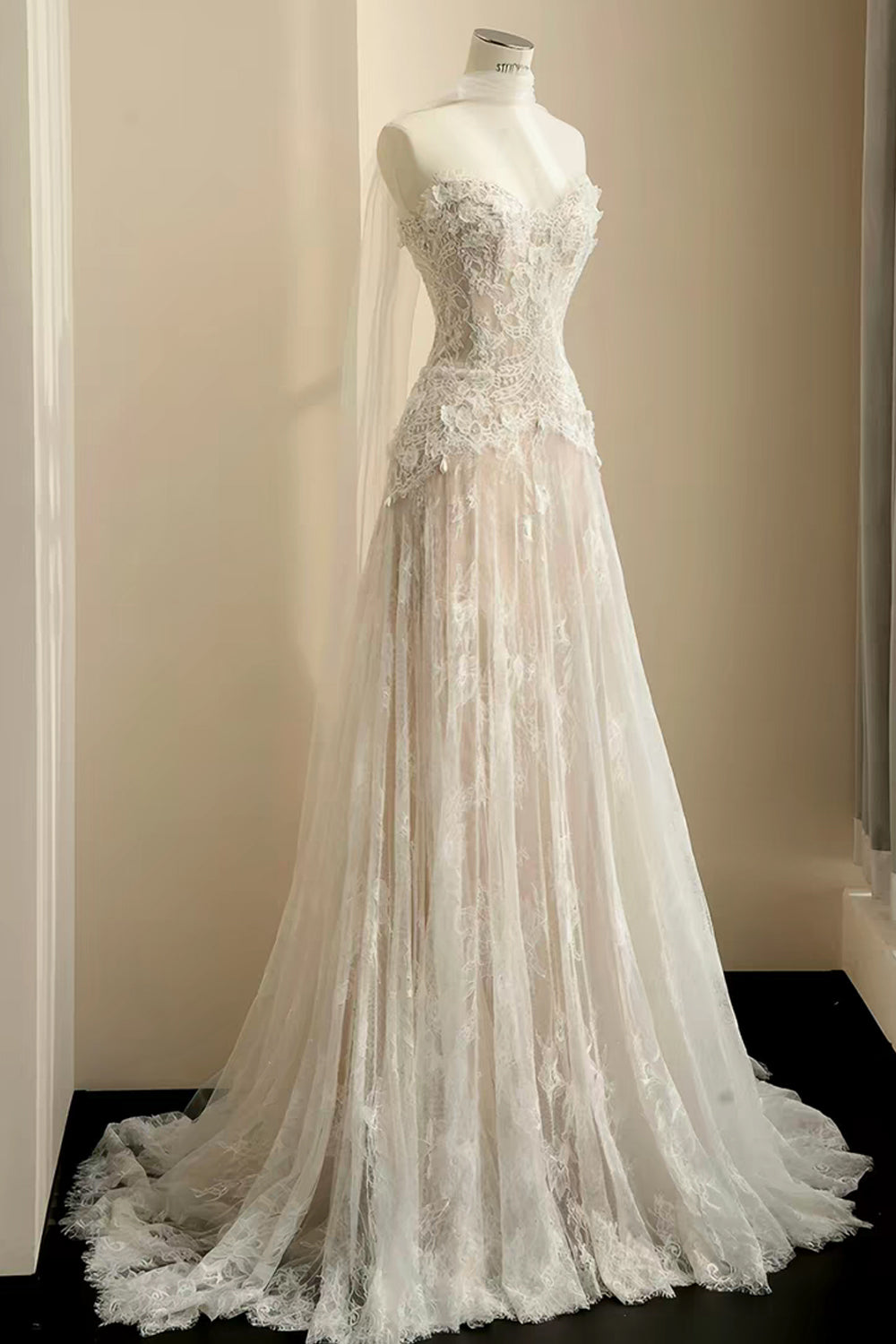 Charming Lace With Pearls Strapless A-line Wedding Dresses With Lace Gloves, CW0444