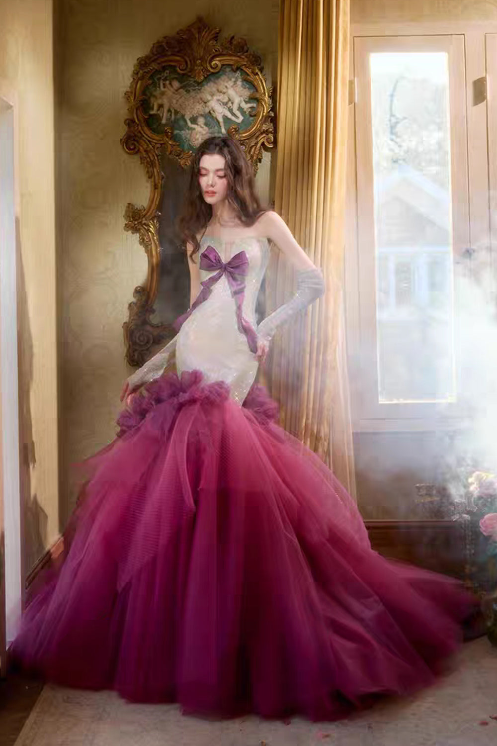 Charming Sparkly Strapless Bowknot Mermaid Prom Gown, CP1074