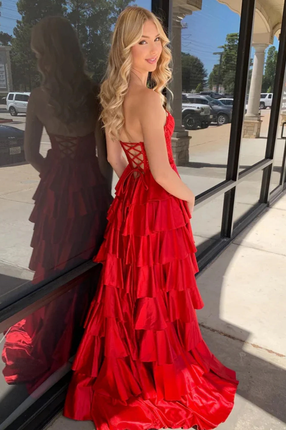 Christmas Red Satin Beaded Lace Tiered A-line Prom Dresses, CP1069
