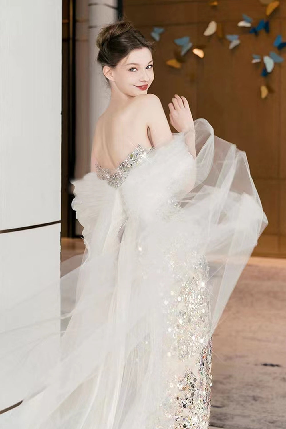 Colorful Sequined Tulle Strapless Sheath With Detachable Bowknot Train Shiny Prom Dresses, CP1198