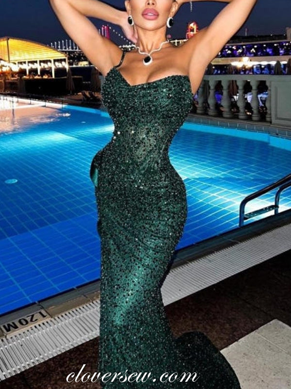 Dark Green Sequined Tulle One Shoulder Mermaid Evening Dresses, CP1017