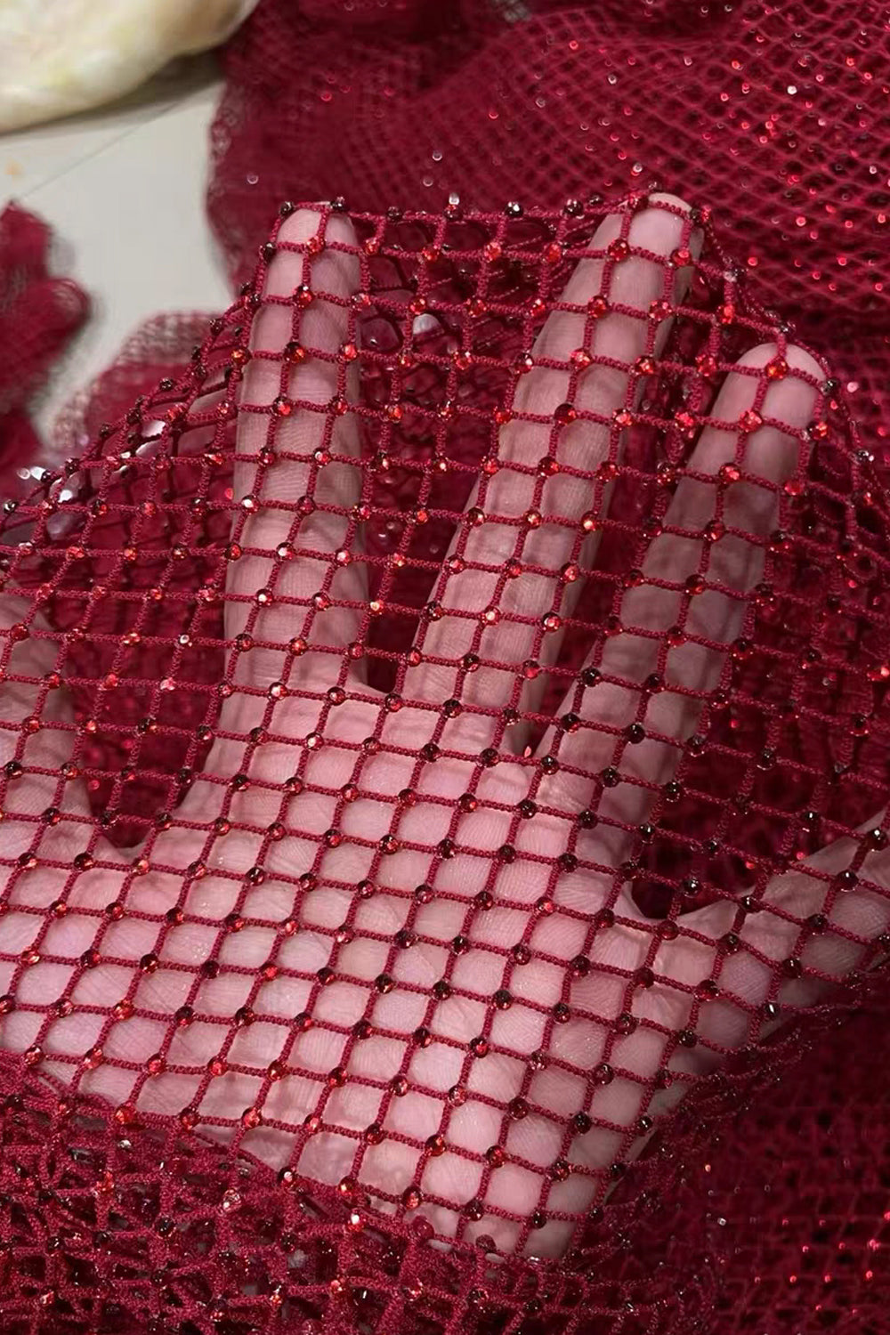 Deep Red Hot Fix Rhinestone Mesh Sparkly Sheath High Slit Prom Dresses, CP1079