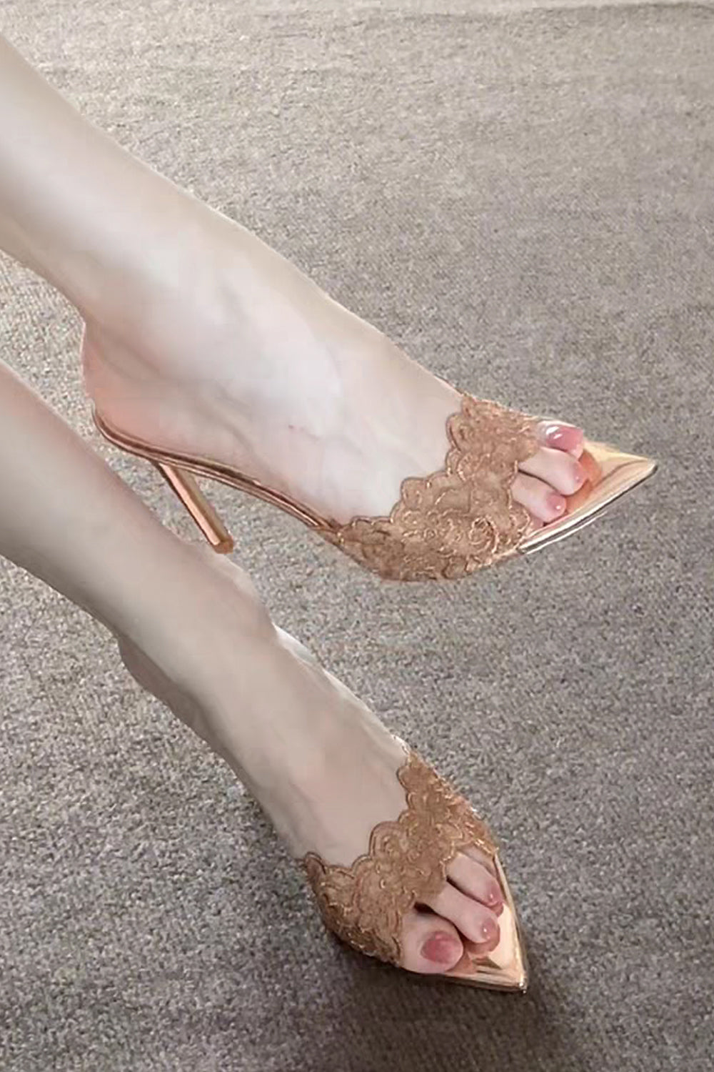Elegant Champagne Lace Pointed Open Toe Stiletto Slippers