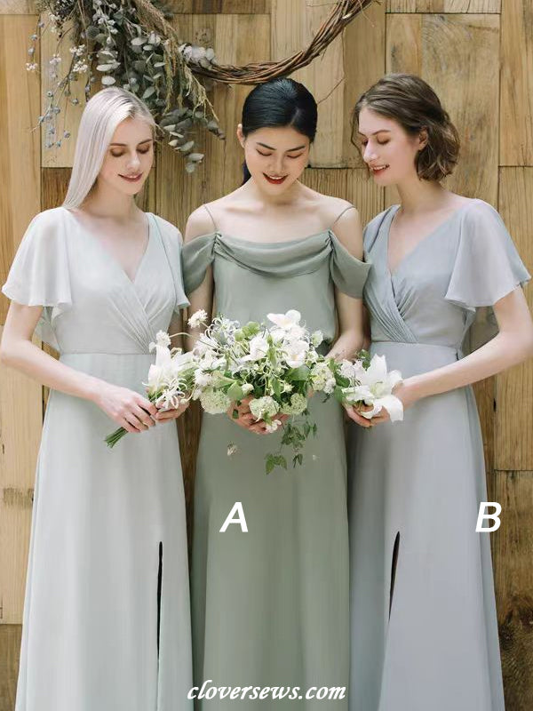 Elegant Chiffon Satin Mismatched Column Simple Long Bridesmaid Dresses clover sew Elegant Chiffon Satin Mismatched Column Simple Long Bridesmaid Dresses clover sew