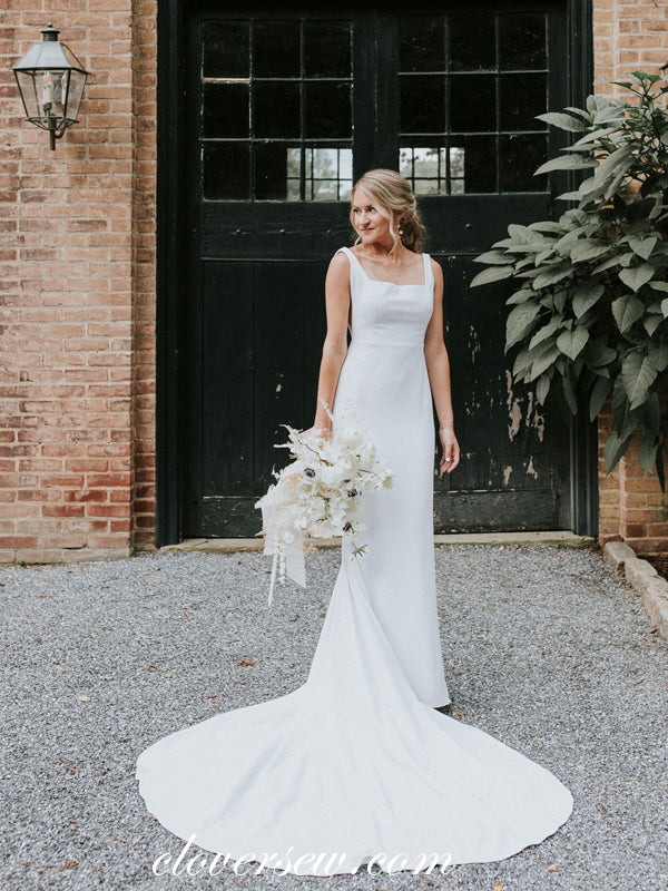 sleeveless women's white wedding dress for a royal wedding Linda & M Enterprises Bridal line wedding dress Elegant Square Neck Sleeveless Sheath