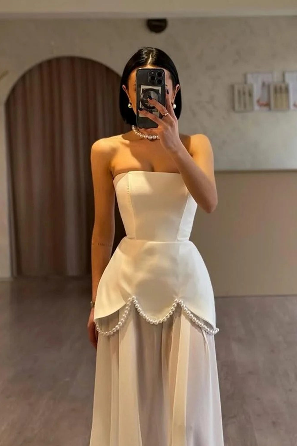 Elegant Strapless Off White Satin With Pearls A-line Sheer Train Wedding Dresses, CW0439