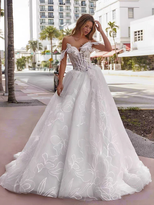 tulle off the shoulder a line wedding dress Elegant Off-Shoulder A-Line Bridal Gown with Sequin Floral Appliqués and Tulle Skirt Plus Size Size 2 main image 0