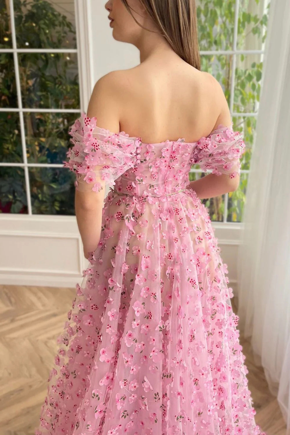 Enchanted Pink 3D Floral Applique Tulle High Slit A-line Prom Dresses, CP1081