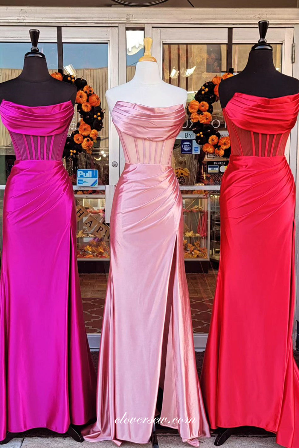 Fashion Satin Strapless Column With Slit Boning Sheer Prom Dresses, CP1064