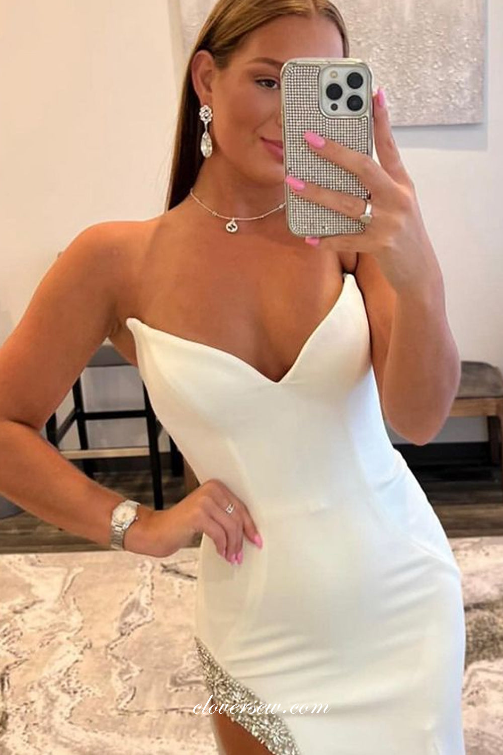 Fashion Strapless V-neck Sheath With High Slit Beading Wedding Dresses, CW0357