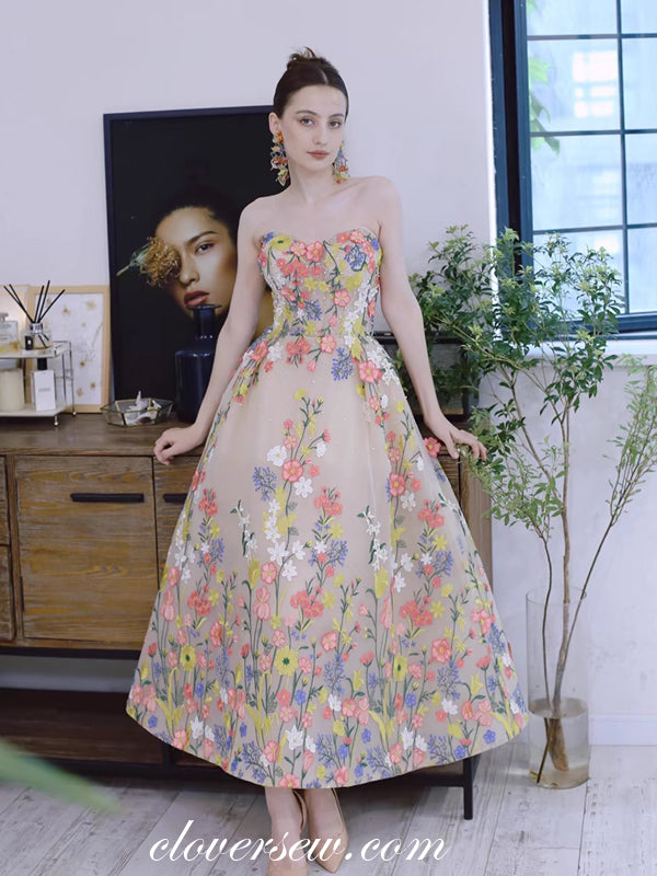Floral Embroidery Sweetheart Strapless Spring Fashion Formal Dresses, clover sew Floral Embroidery Sweetheart Strapless Spring Fashion Formal Dresses, clover sew