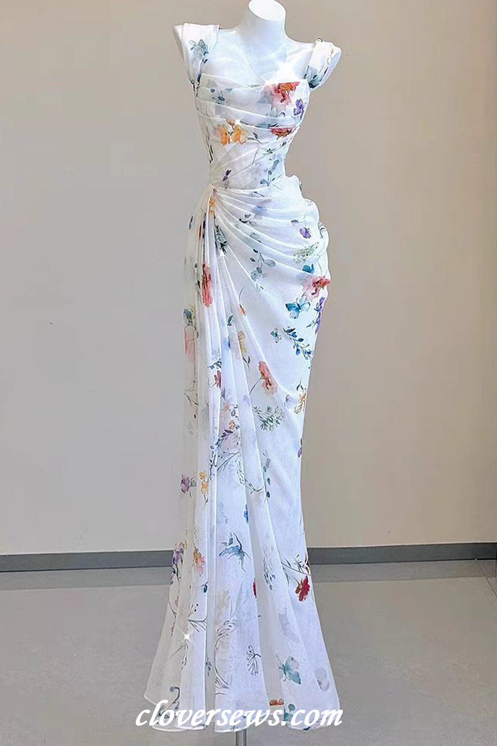 Floral Printed Chiffon Pleatingg Sheath Charming Spring Bridesmaid Dresses, CB0309