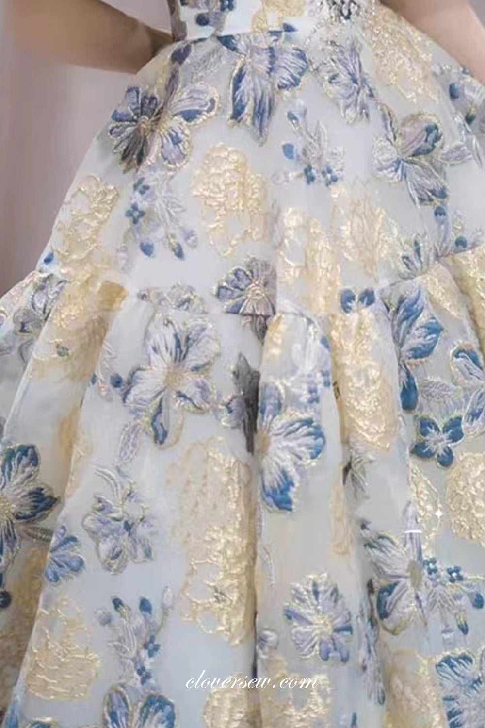 Floral Printed Satin Strapless With Convertible Sleeves A-line Spring Princess Dresses, CW0378
