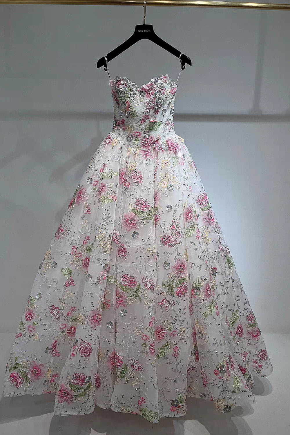 Floral Sequined Lace Strapless Ball Gown Prom Dresses, CP1065