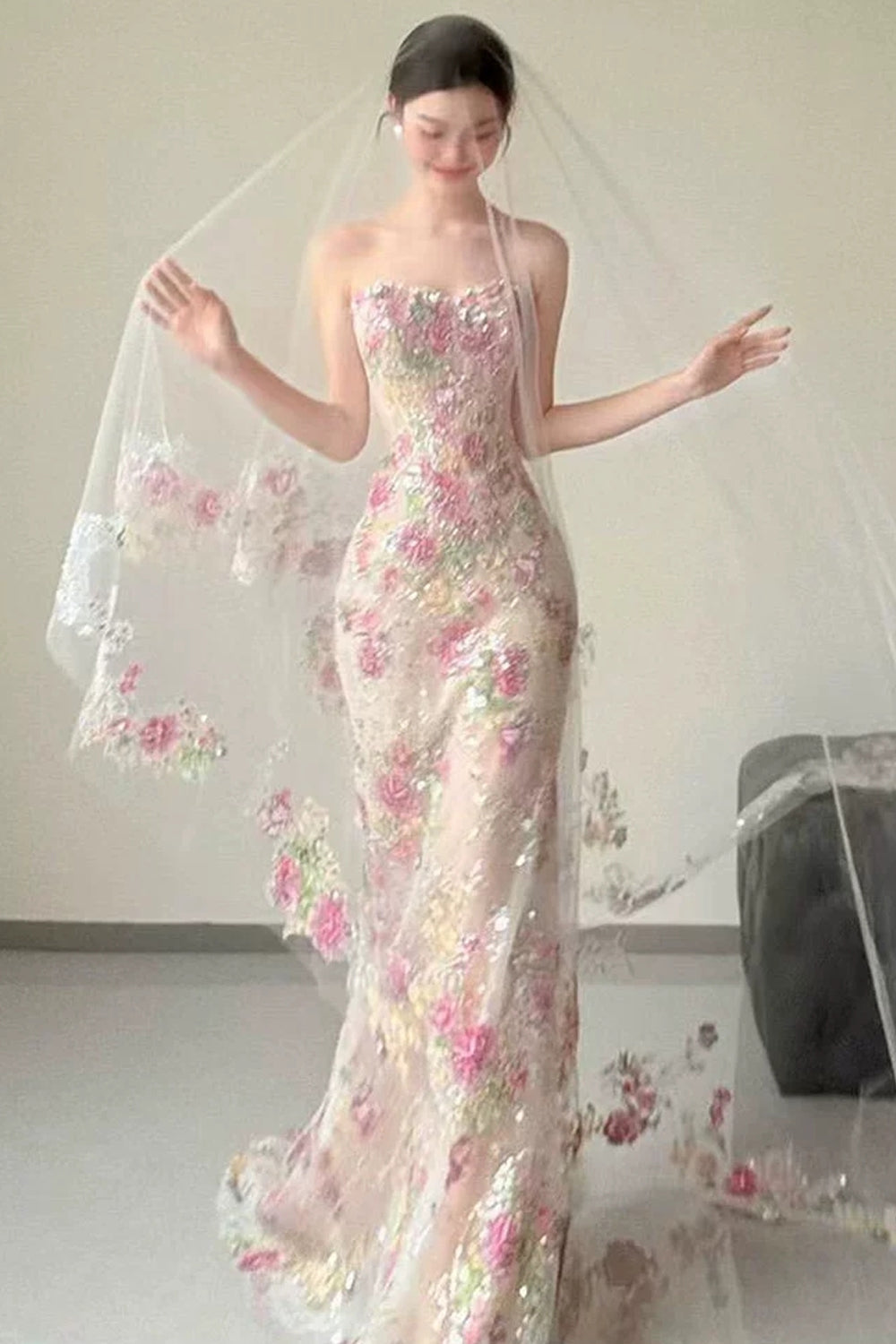 Floral Sequined Lace Strapless Shiny Mermaid Prom Dresses With Veil, CP1091