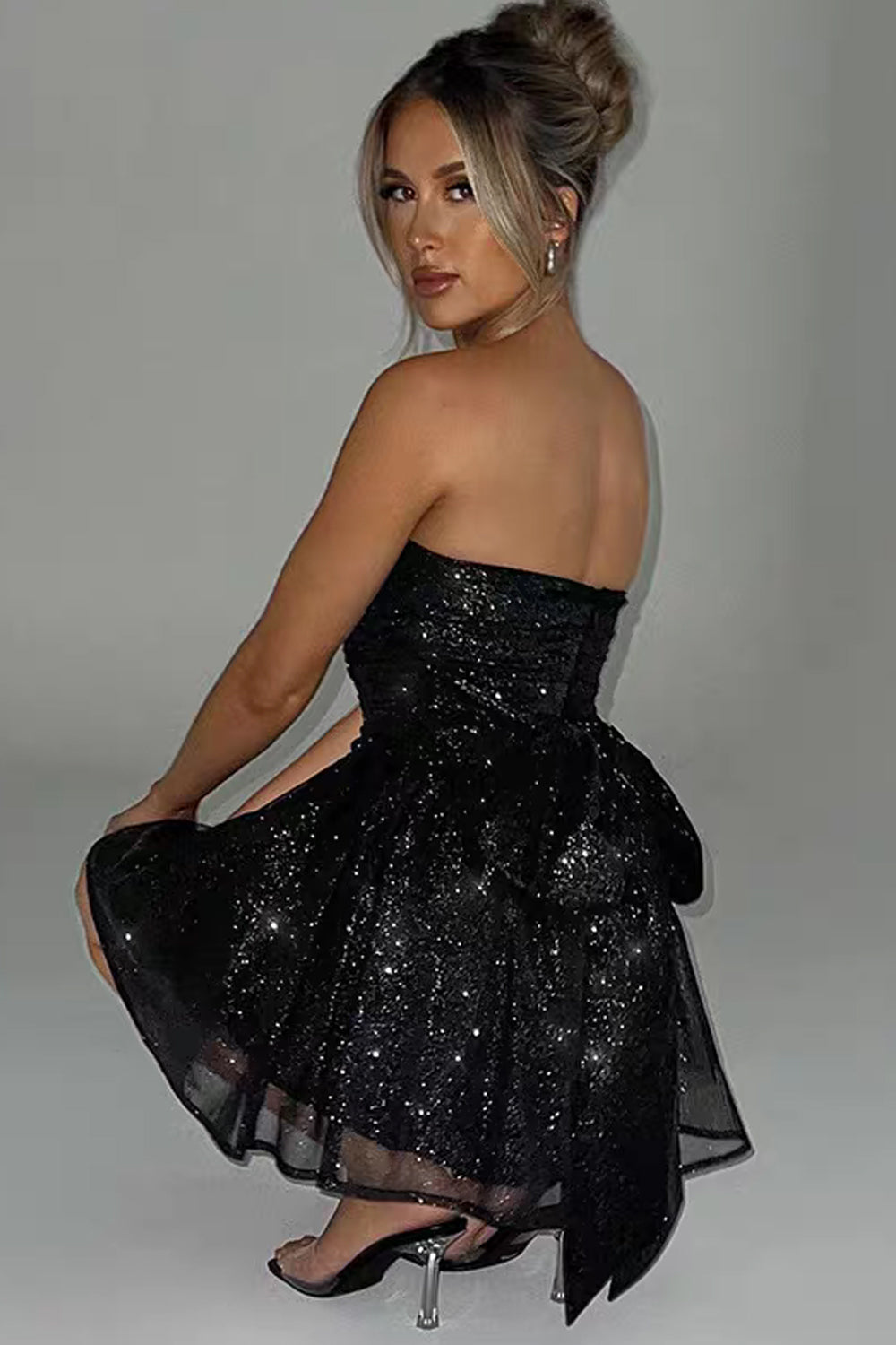 Glitter Tulle Black Strapless A-line Mini Shiny Party Dresses, CH0099
