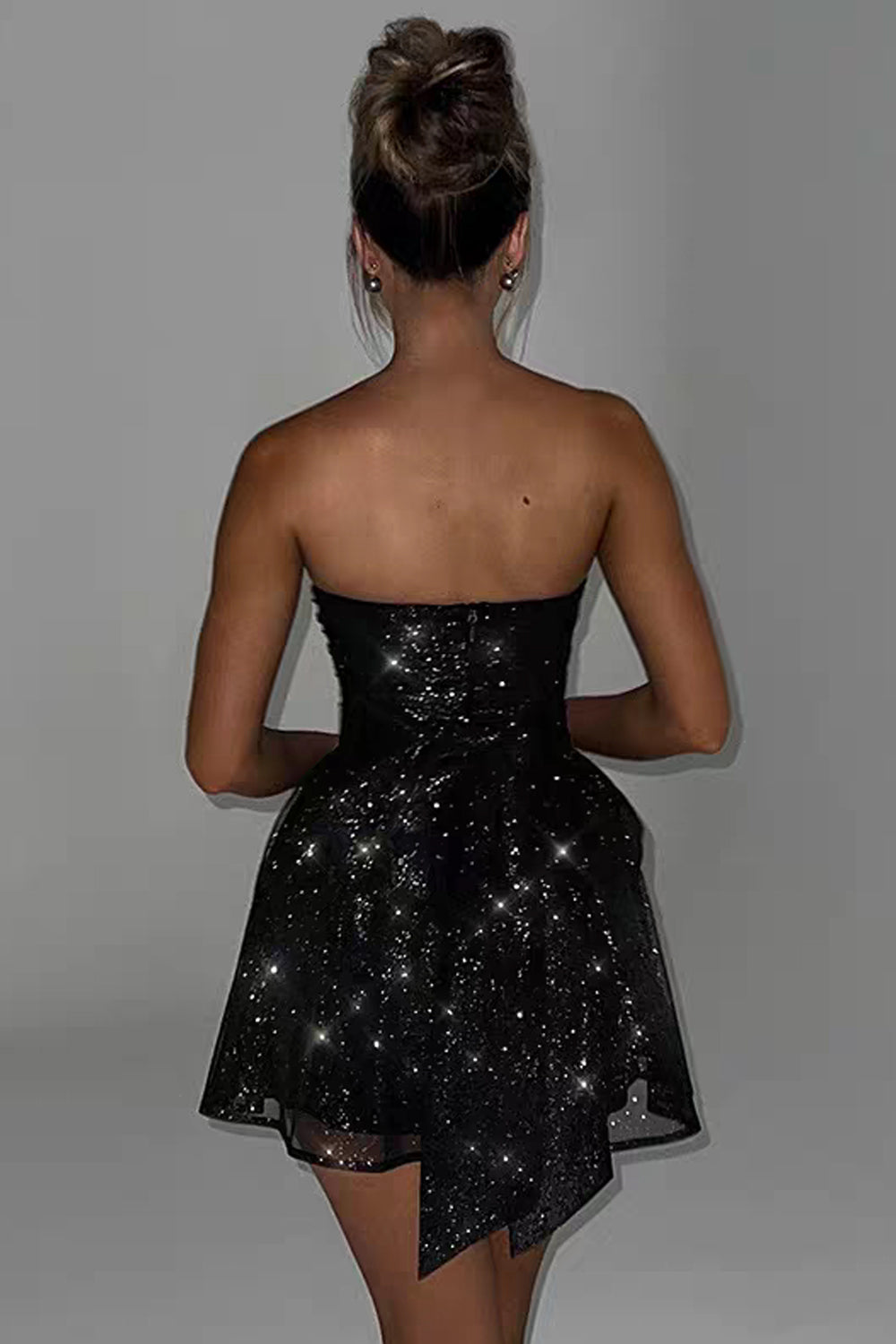 Glitter Tulle Black Strapless A-line Mini Shiny Party Dresses, CH0099