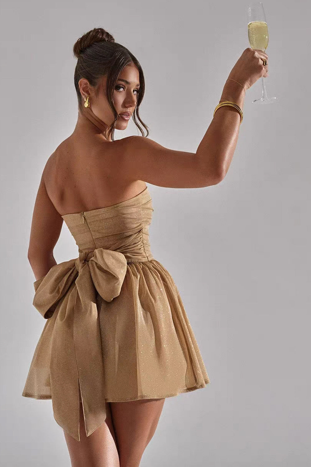Glitter Tulle Gold Strapless A-line Mini Shiny Party Dresses, CH0102