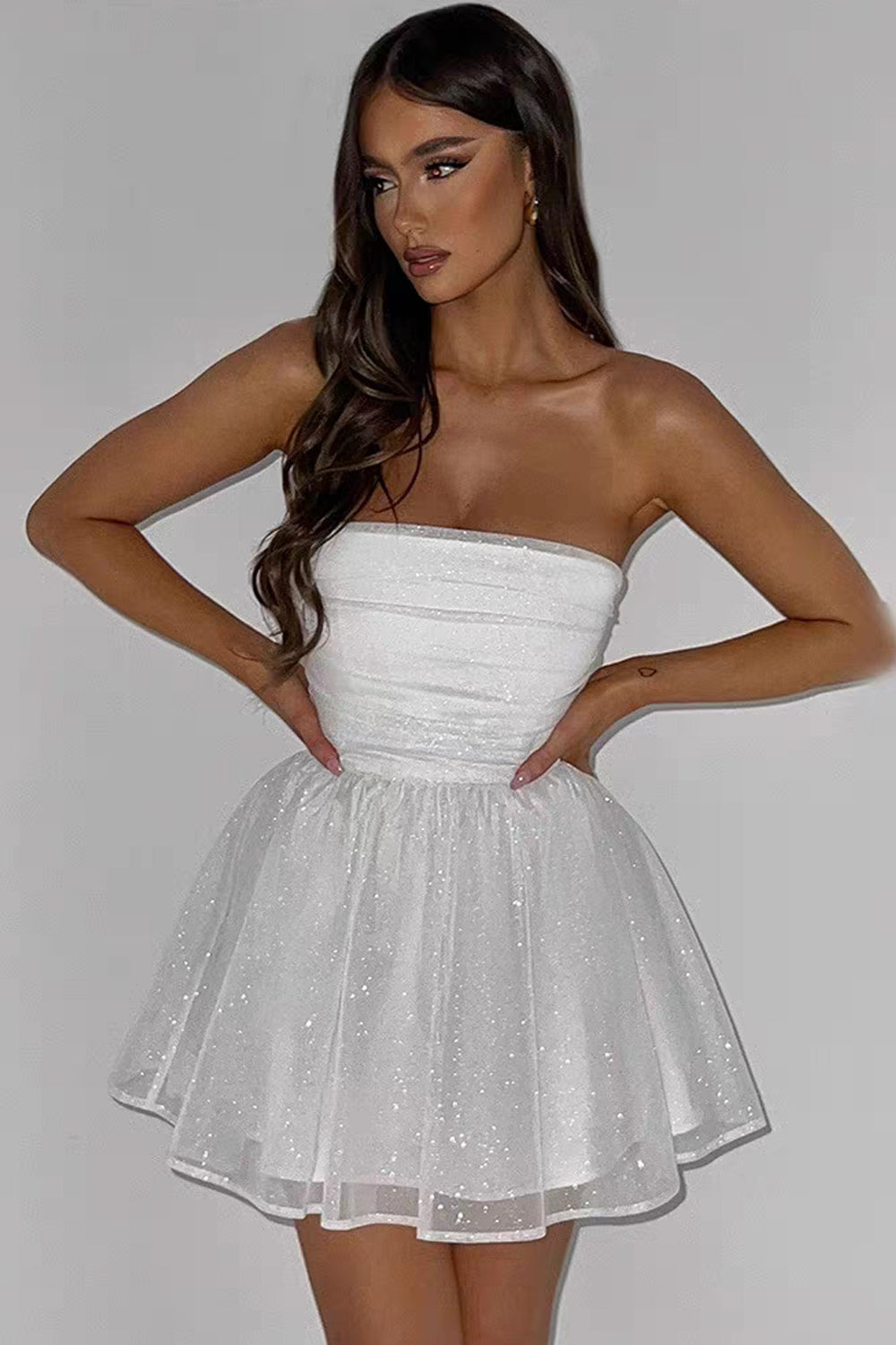 Glitter Tulle White Strapless A-line Mini Shiny Party Dresses, CH0101