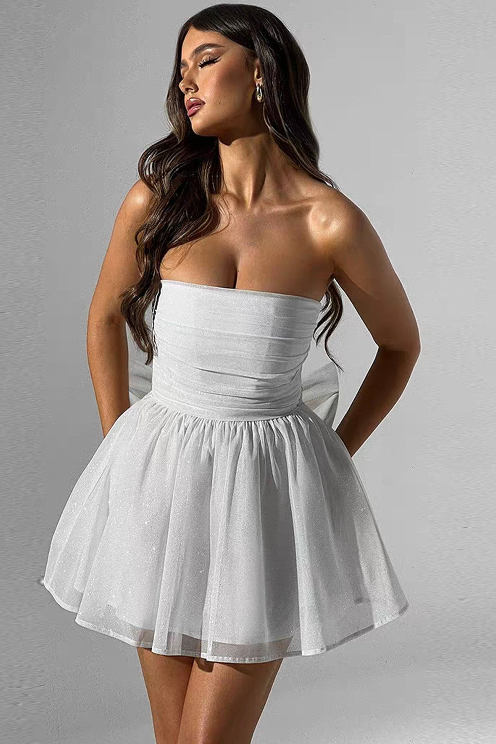 Glitter Tulle White Strapless A-line Mini Shiny Party Dresses, CH0101