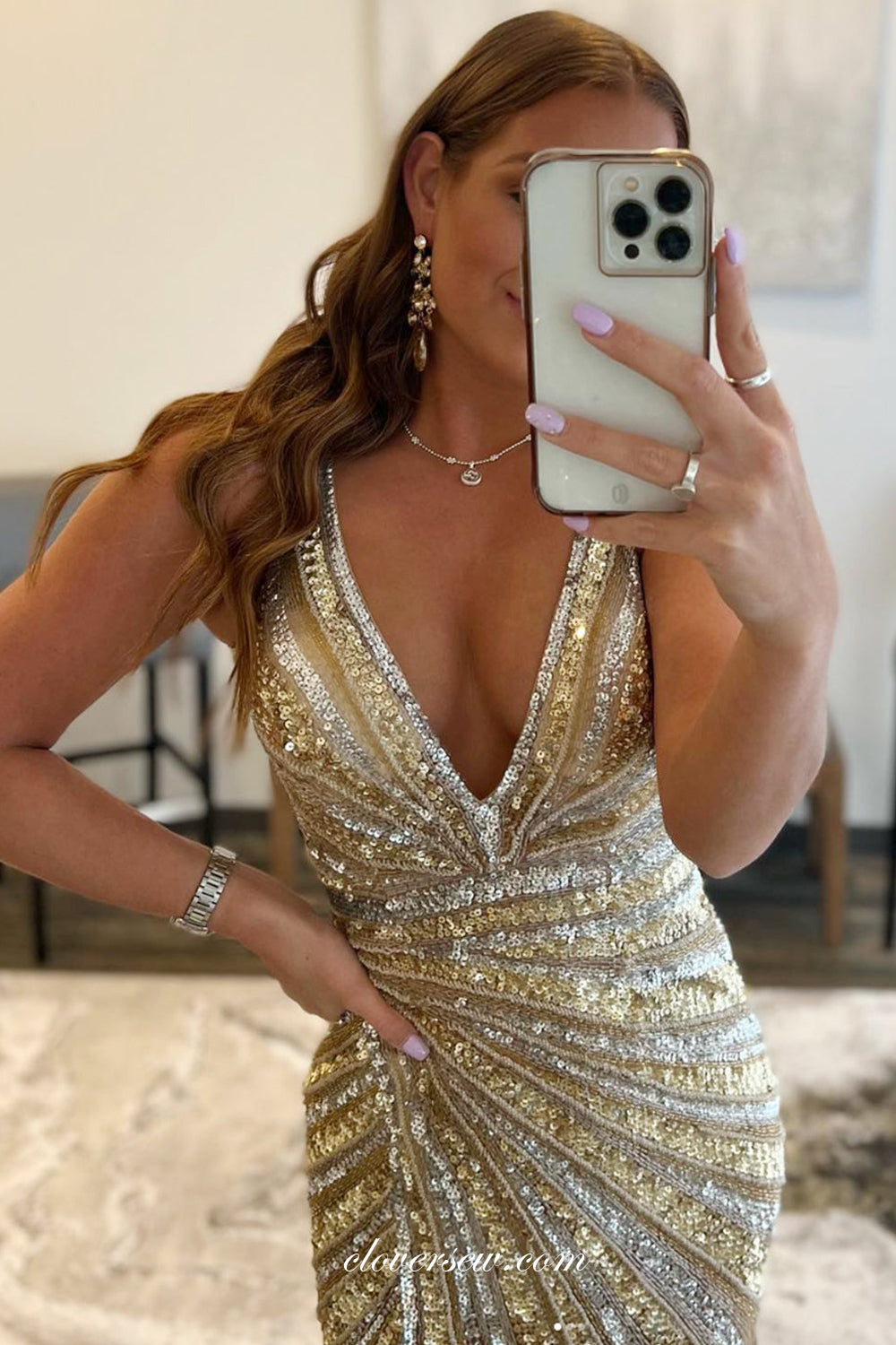 Gold Beading Sequined Tulle Deep V-neck Sheath Formal Dresses, CP1067