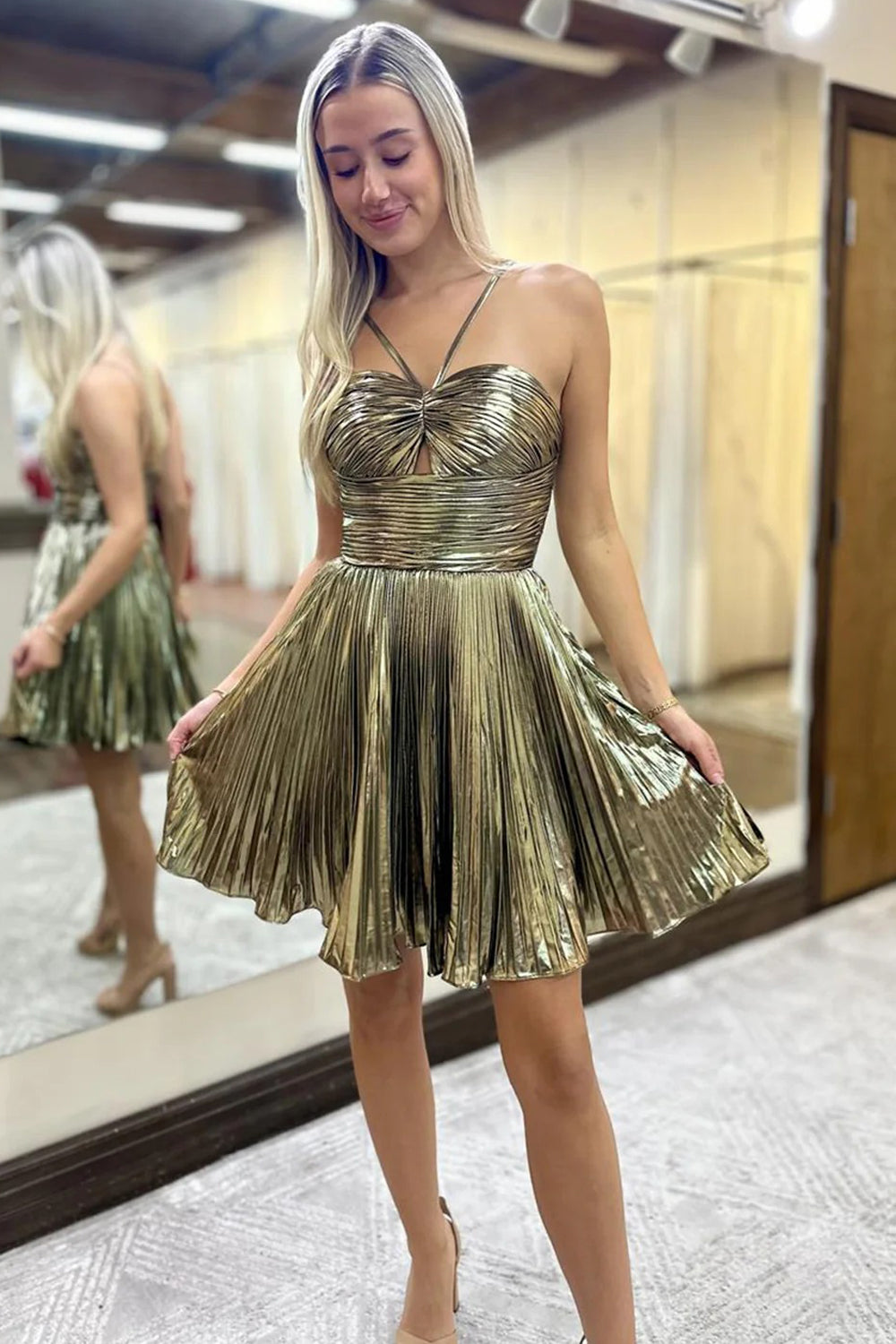 Gold Pleating Spaghetti Strap A-line Mini Cocktail Party Homecoming Dresses, CH0096