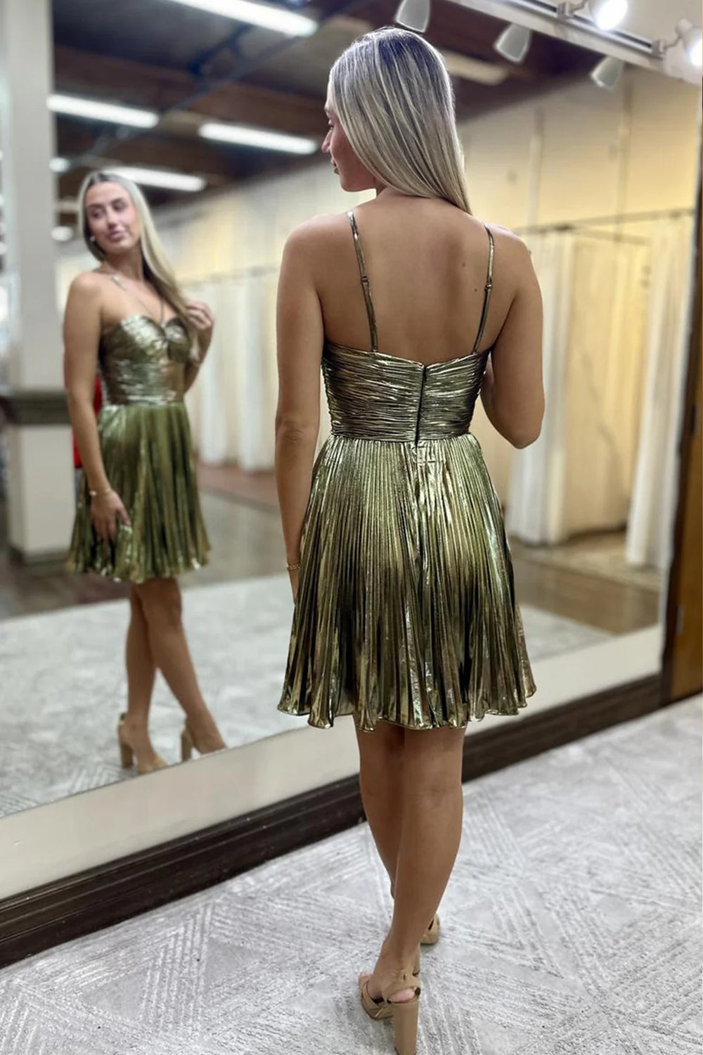 Gold Pleating Spaghetti Strap A-line Mini Cocktail Party Homecoming Dresses, CH0096