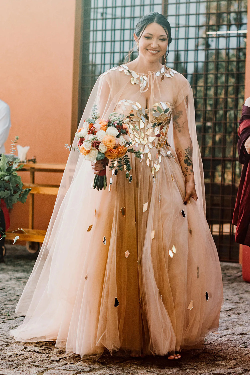 Gold Rhinestone Blush Pink Tulle A-line Wedding Dresses, CW0437