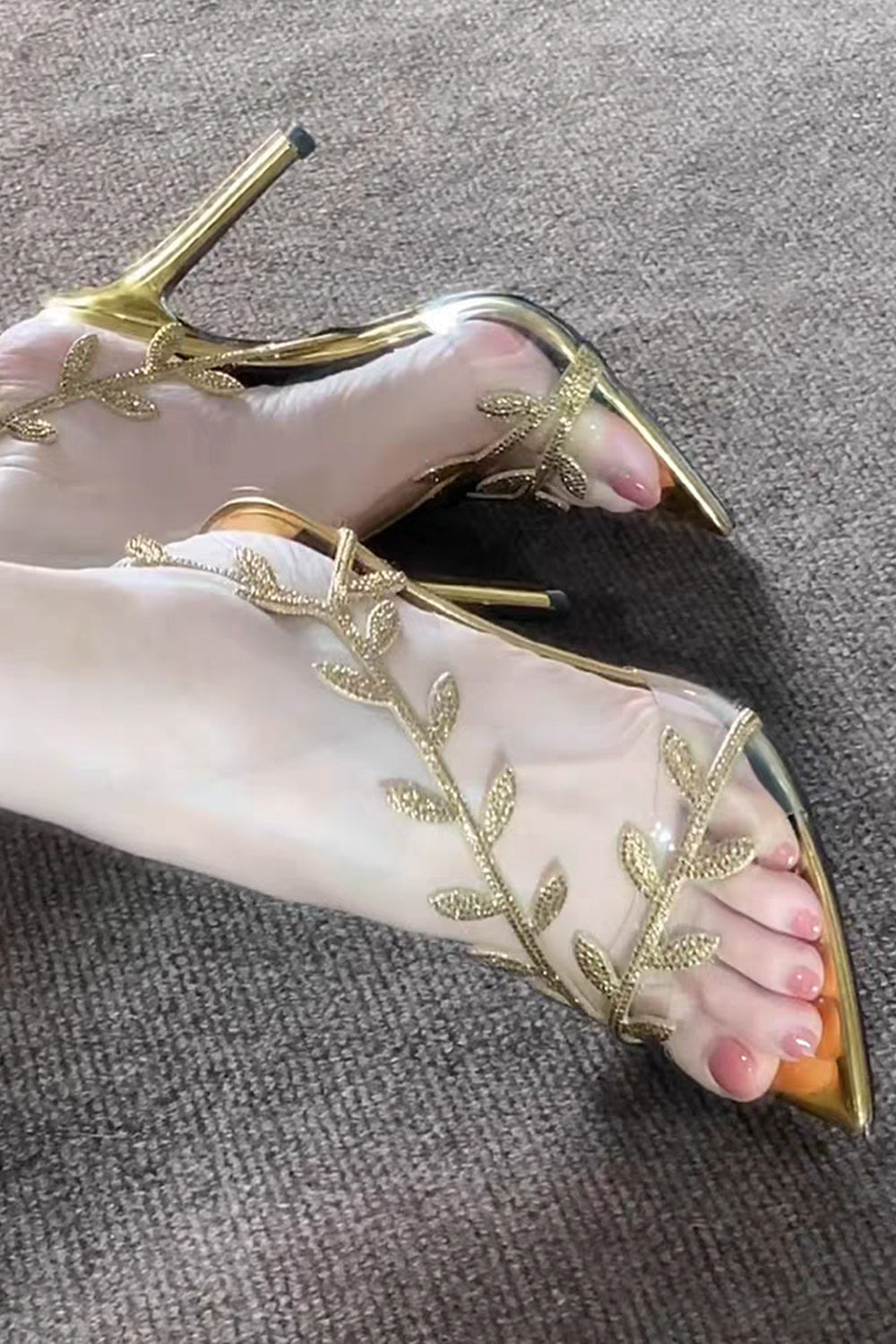 Gold Rhinestones Wrapped Leaves Strap Pointed Stiletto Sandals