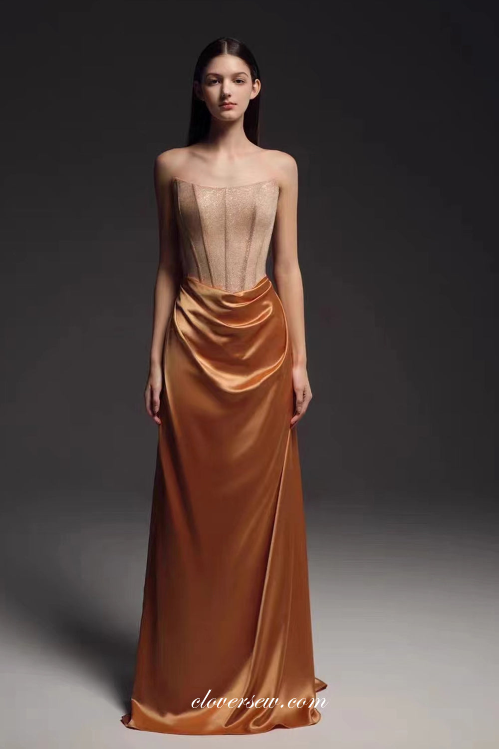 Gold Shiny Satin Strapless Mermaid Elegant Prom Dresses, CP1050