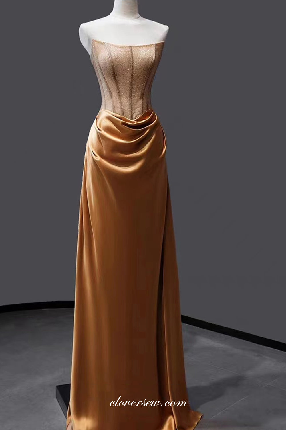 Gold Shiny Satin Strapless Mermaid Elegant Prom Dresses, CP1050