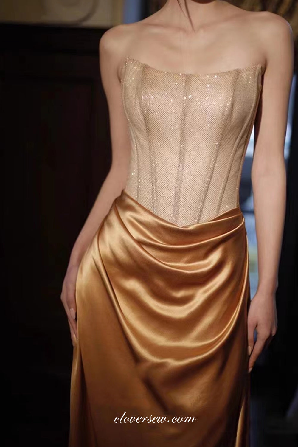 Gold Shiny Satin Strapless Mermaid Elegant Prom Dresses, CP1050