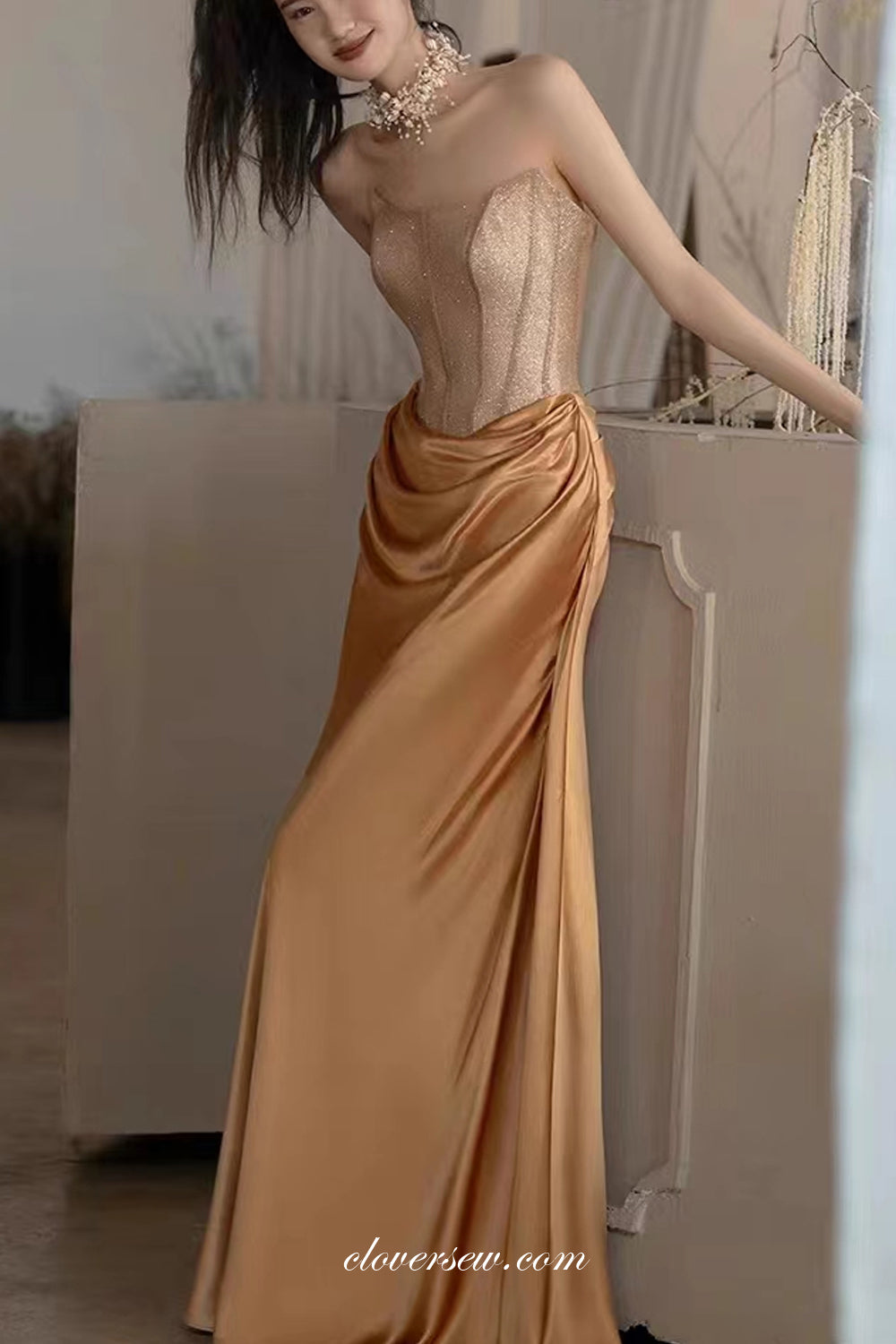 Gold Shiny Satin Strapless Mermaid Elegant Prom Dresses, CP1050