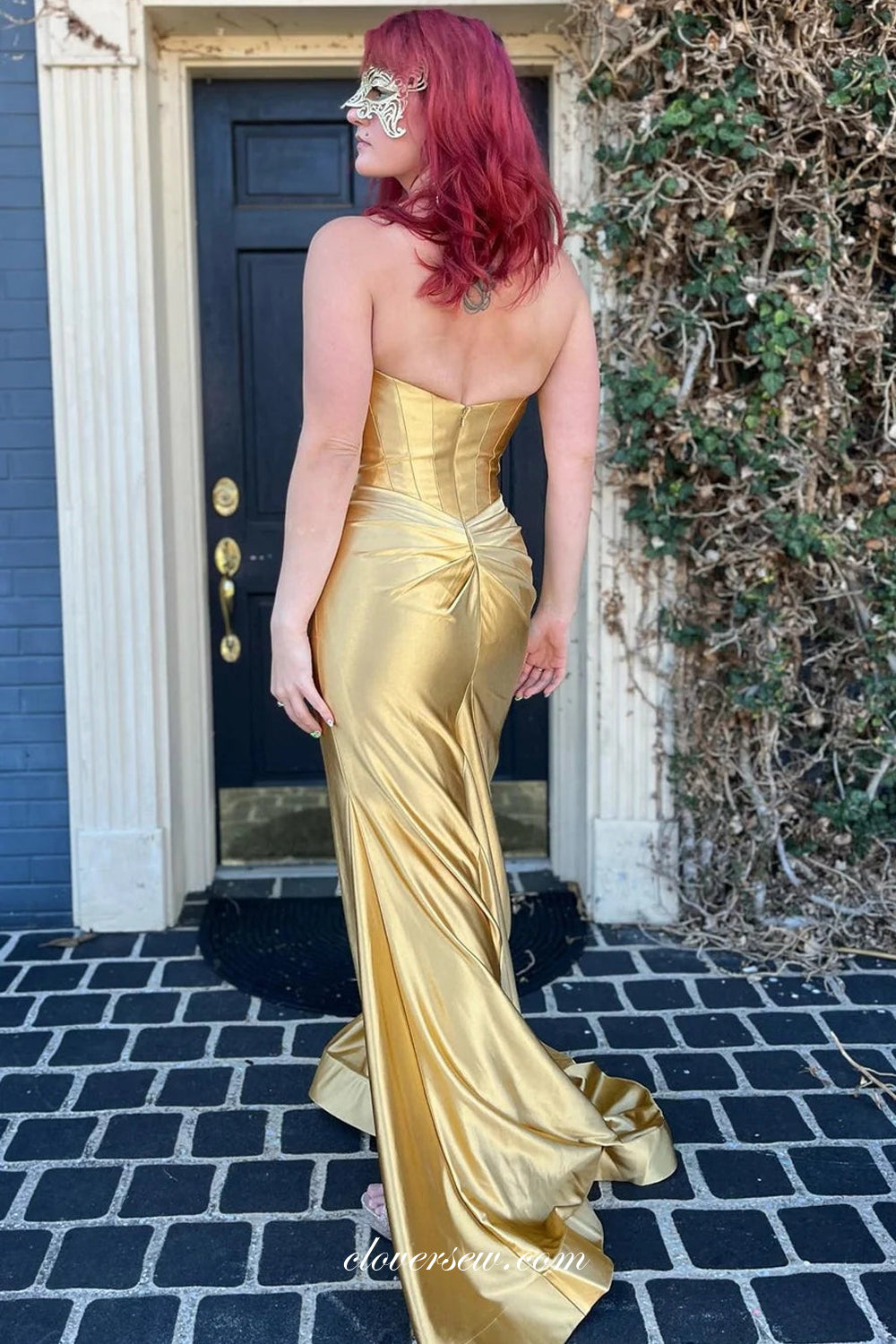 Gold Strapless Pleating Shiny Satin Mermaid With Slit Prom Dresses, CP1039