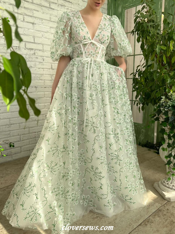 Green Embroidery Tulle V-neck Puffy Sleeves A-line Charming Spring Dre clover sew Green Embroidery Tulle V-neck Puffy Sleeves A-line Charming Spring Dre clover sew