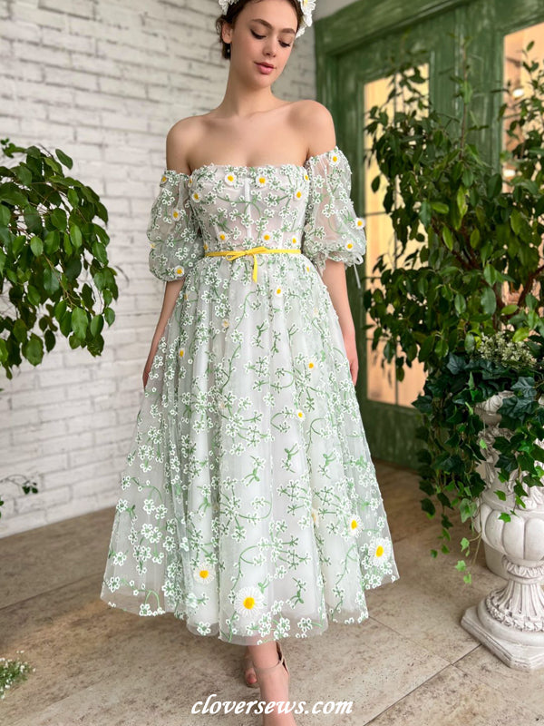 Green Embroidery Tulle With Floral Applique Off The Shoulder Tea Lengt clover sew Green Embroidery Tulle With Floral Applique Off The Shoulder Tea Lengt clover sew
