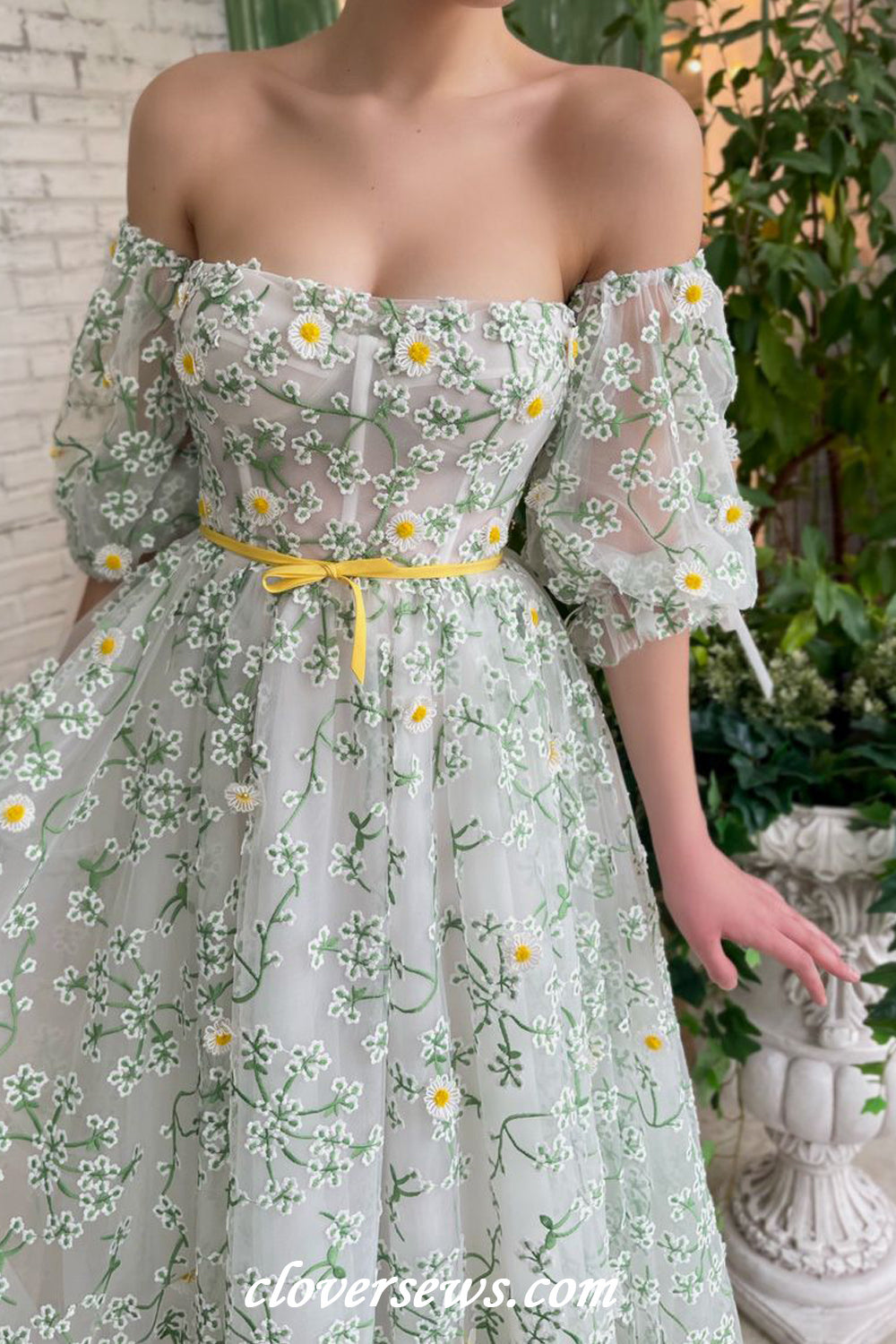 Green Embroidery Tulle With Floral Applique Off The Shoulder Tea Length Spring Dresses, CP1140