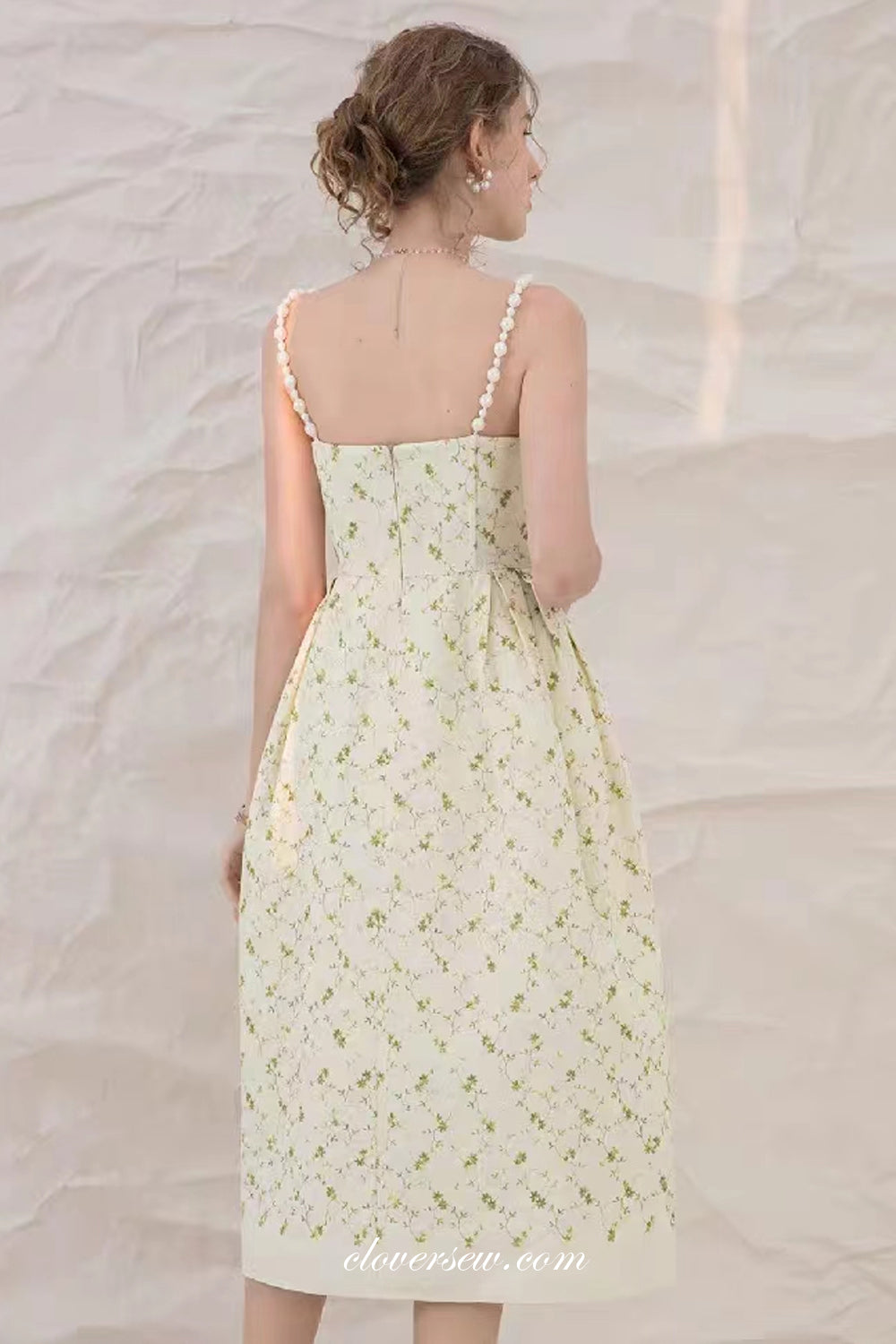 Green Printed Satin Peral Straps Knee Length Wedding Party Bridesmaid Dresses, CB0296