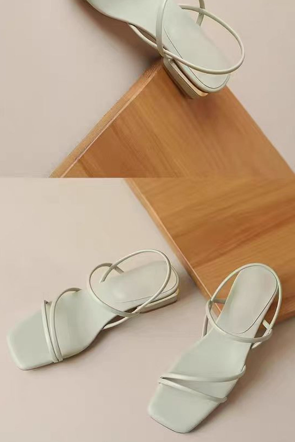 Green Square Toe Thin Strap Flat Sandals