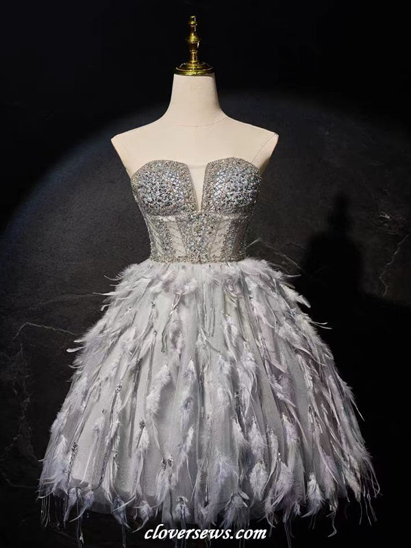 Grey Bead Strapless Feather A-line Short Party Dresses, CH0091 clover sew Grey Bead Strapless Feather A-line Short Party Dresses, CH0091 clover sew