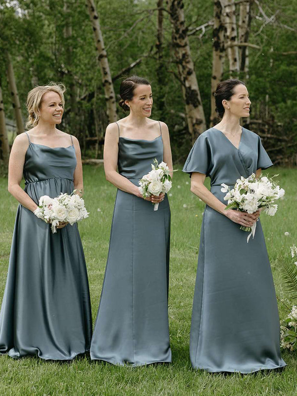 Grey Silk Satin Mismatched Elegant Long Bridesmaid Dresses, CB0330 US10 / Custom / Half Sleeves A-line Grey Silk Satin Mismatched Elegant Long Bridesmaid Dresses, CB0330 US10 / Custom / Half Sleeves A-line