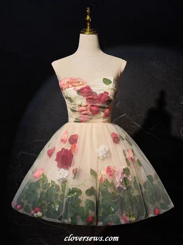 Handmade Flowers Leaves Illusion Neck A-line Garden Forest Short Wedding Dresses, CW0401