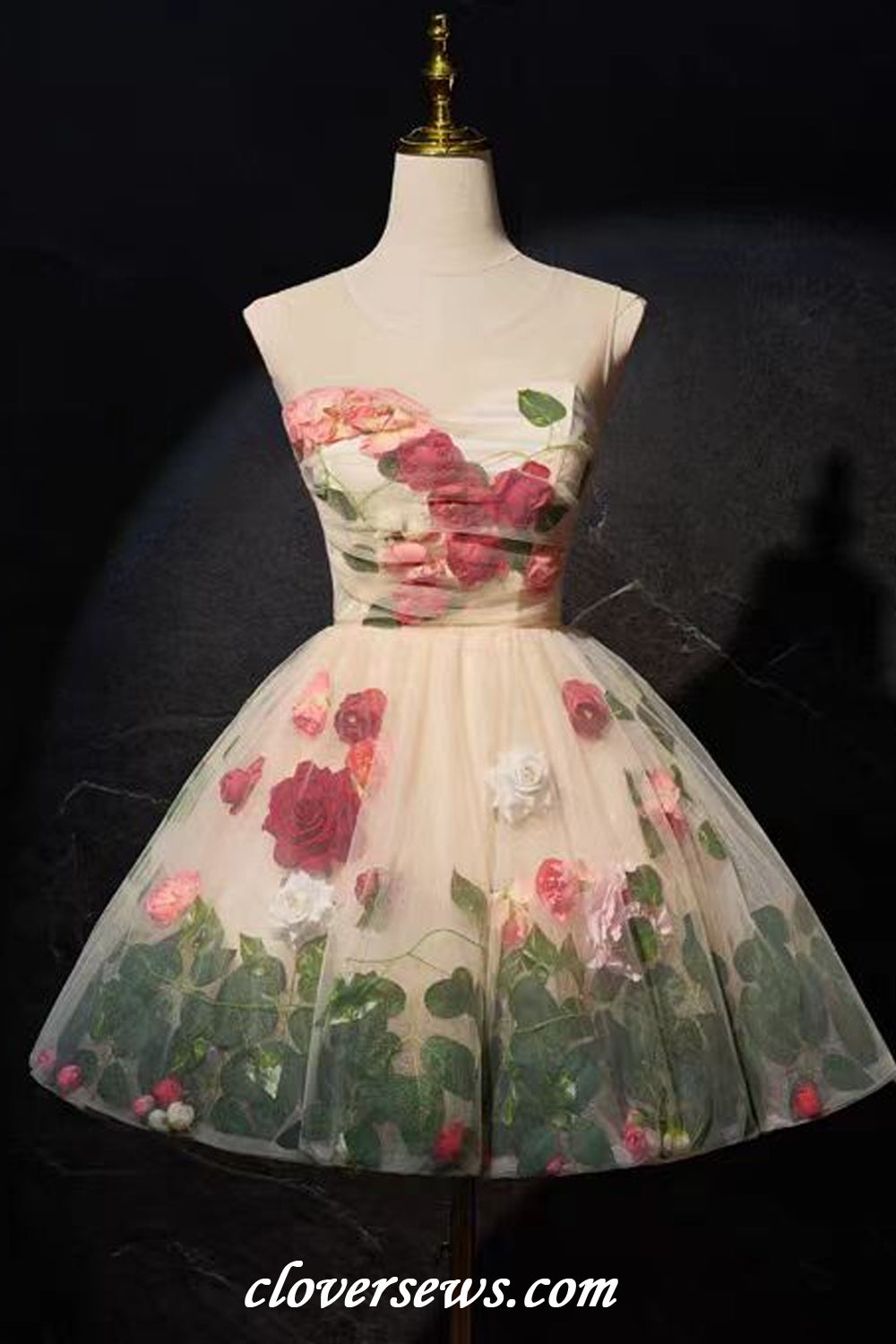 Handmade Flowers Leaves Illusion Neck A-line Garden Forest Short Wedding Dresses, CW0401