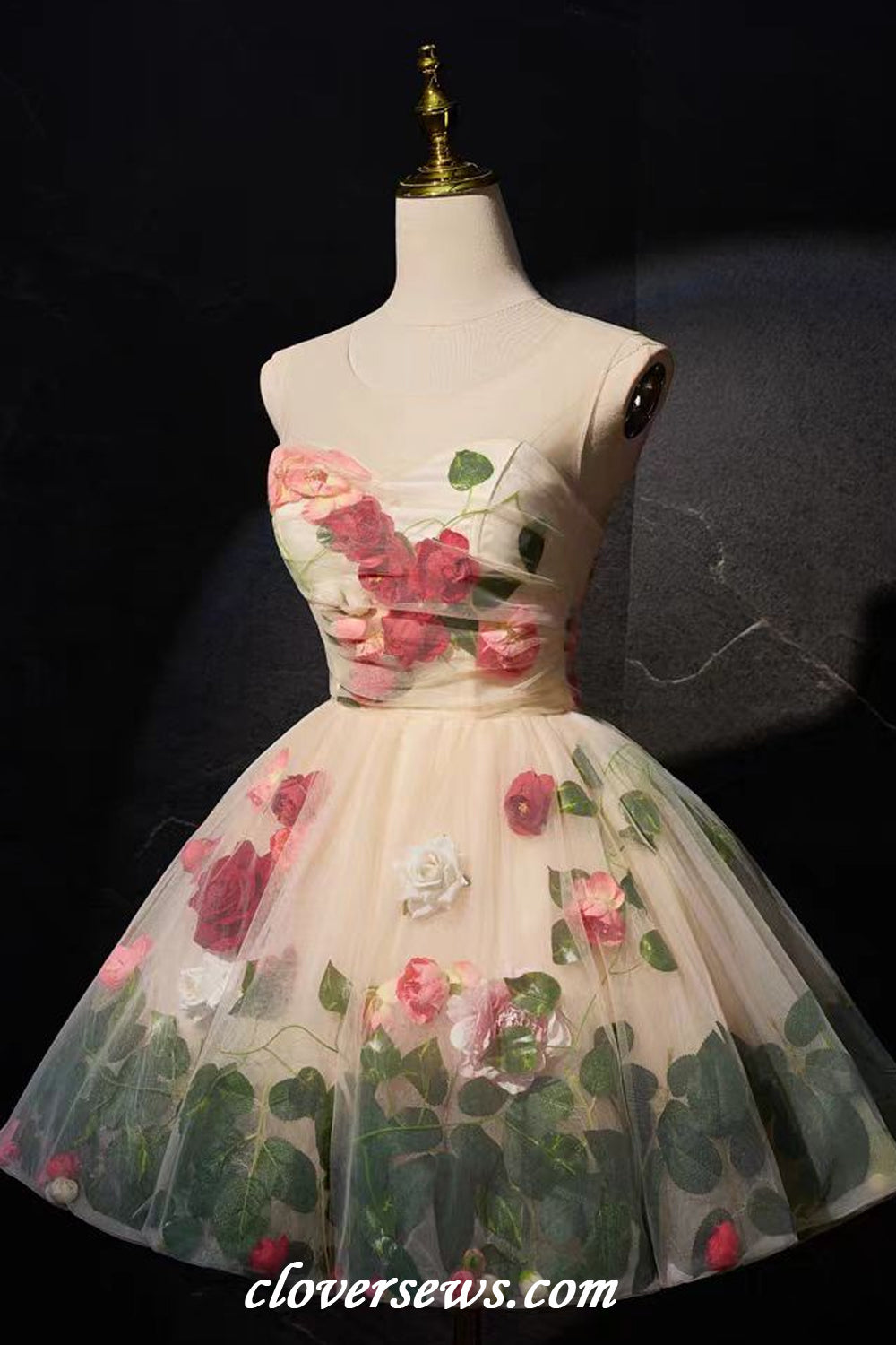 Handmade Flowers Leaves Illusion Neck A-line Garden Forest Short Wedding Dresses, CW0401