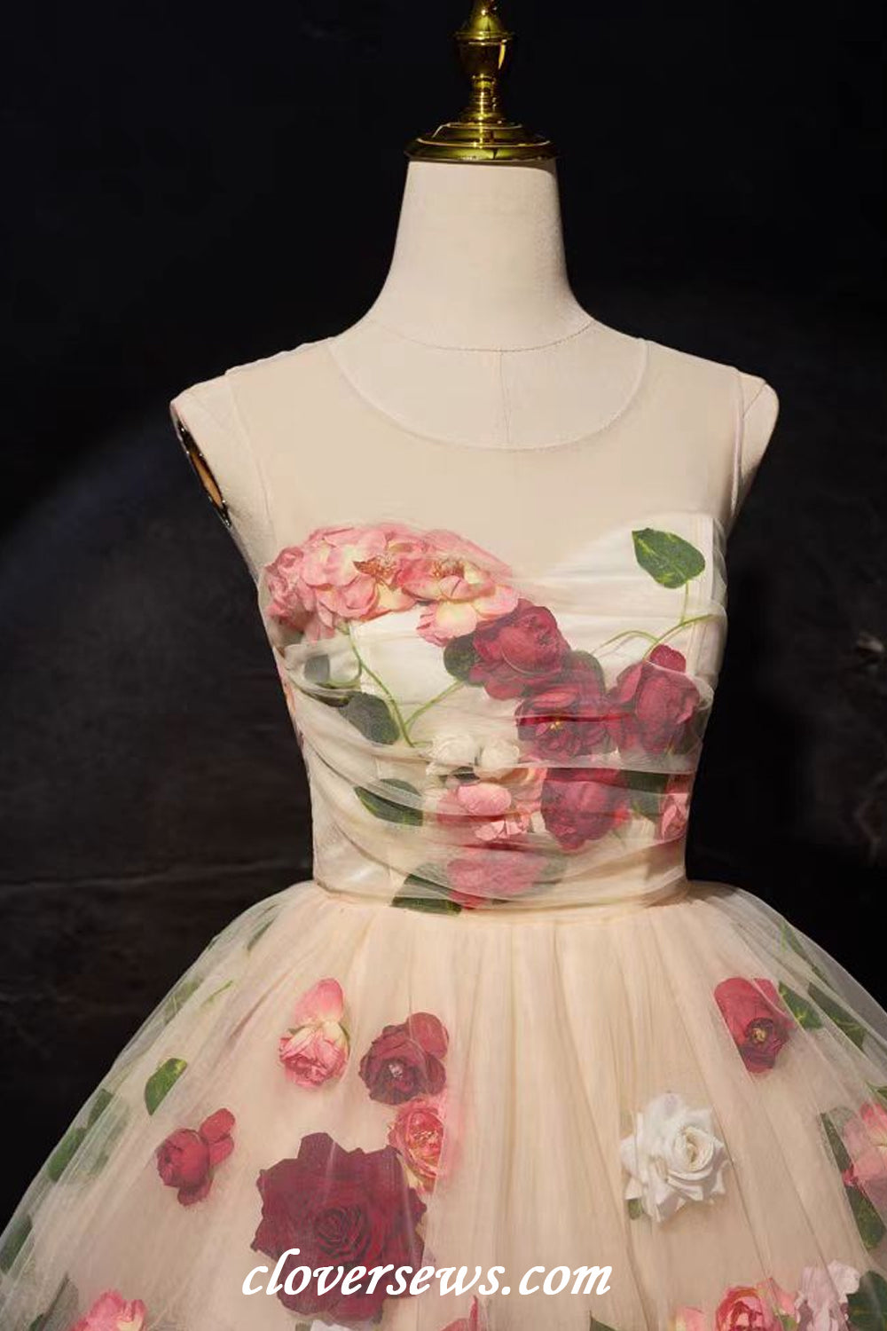 Handmade Flowers Leaves Illusion Neck A-line Garden Forest Short Wedding Dresses, CW0401