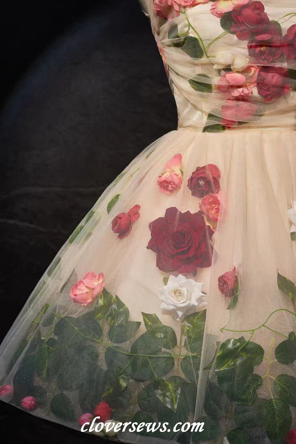 Handmade Flowers Leaves Illusion Neck A-line Garden Forest Short Wedding Dresses, CW0401